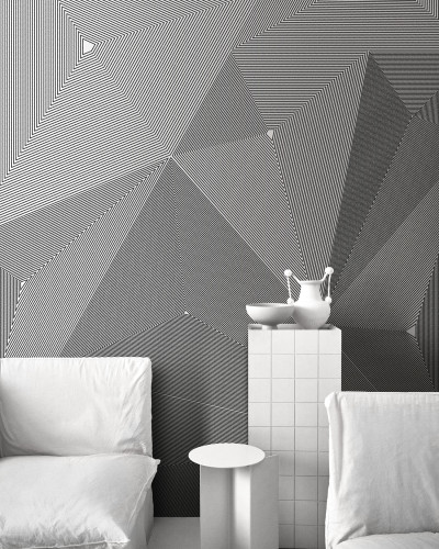 Tapet geometric modern, cu triunghiuri intersectate in linii fine, cu un efect optic tridimensional.