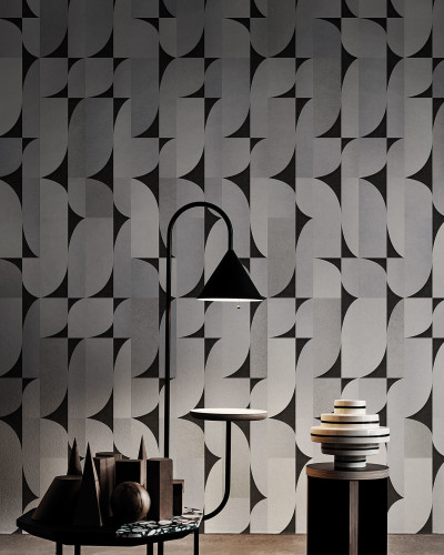 Tapet gri cu model geometric abstract, cu linii simple și sofisticate.