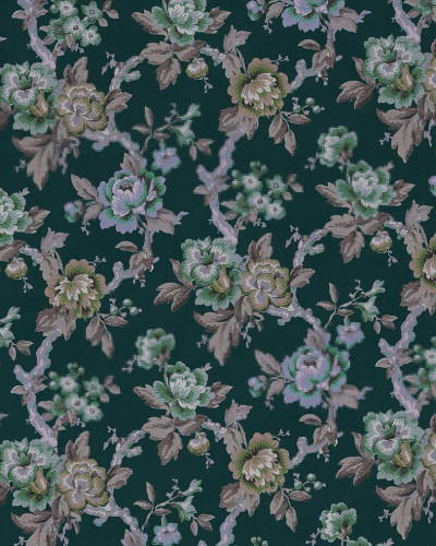 Tapet floral verde cu flori mari, pe un fundal verde închis