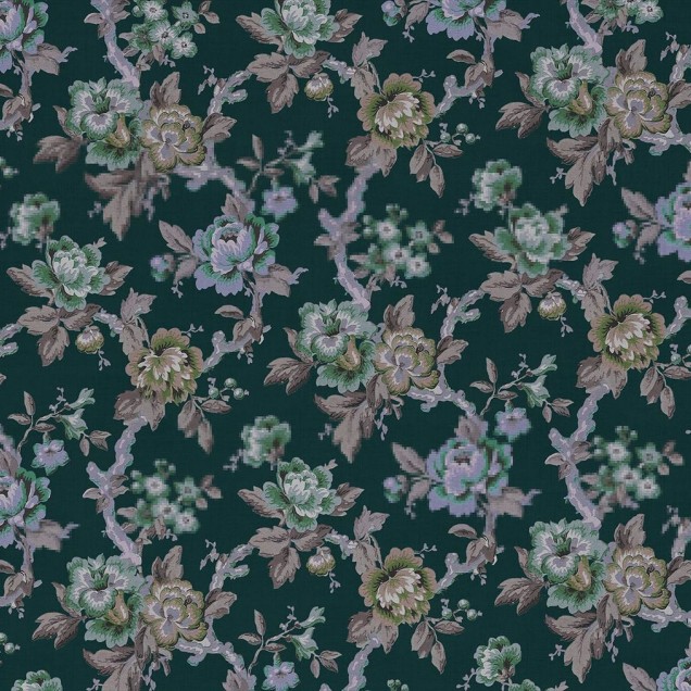 Tapet floral verde cu flori mari, pe un fundal verde închis