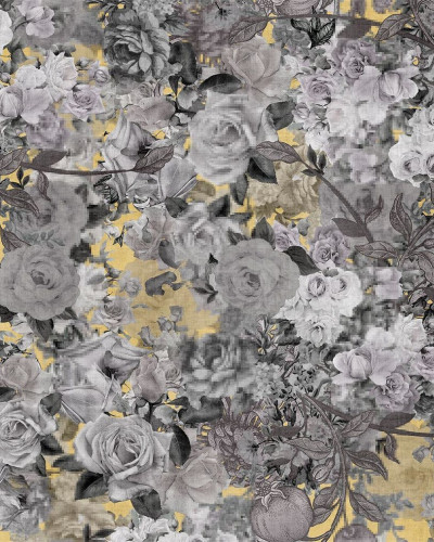 Wallpaper cu design floral modern, in tonuri de gri si galben. Prezinta flori de trandafiri estompate, cu un efect de pixelare subtil.