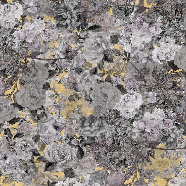 Wallpaper cu design floral modern, in tonuri de gri si galben. Prezinta flori de trandafiri estompate, cu un efect de pixelare subtil.