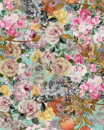 Tapet floral pastelat, cu flori delicate în nuanțe pastelate pe un fundal bleu-verzui.