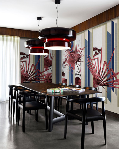 Tapet cu design modern, cu modele geometrice și vegetale, ideal pentru a crea o atmosferă modernă și sofisticată.