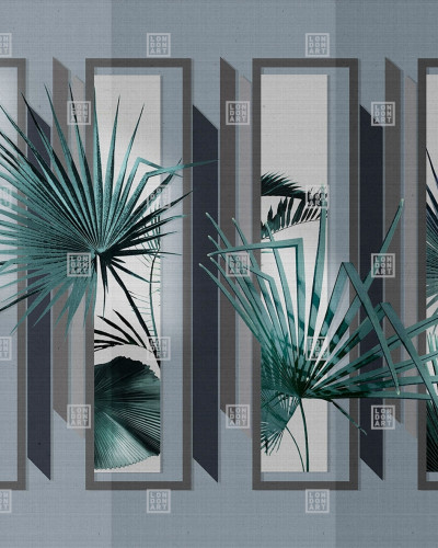 Tapet cu aspect modern cu palmieri tropicali încadrat de rame geometrice