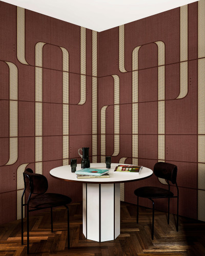 Tapet modern cu design geometric abstract, culori calde și textură fină. Perfect pentru decorarea dormitorului, livingului sau a holului.