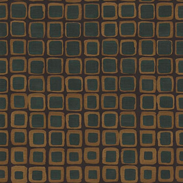 Tapet geometric cu pătrate turcoaz și maro pe fond maro.