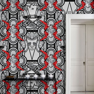 Tapet modern cu design geometric complex, incluzand personaje, roboti, nave spatiale si elemente decorative. Culorile principale sunt negru, gri si rosu.