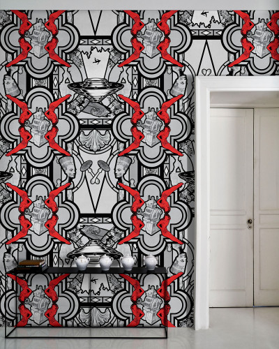 Tapet modern cu design geometric complex, incluzand personaje, roboti, nave spatiale si elemente decorative. Culorile principale sunt negru, gri si rosu.