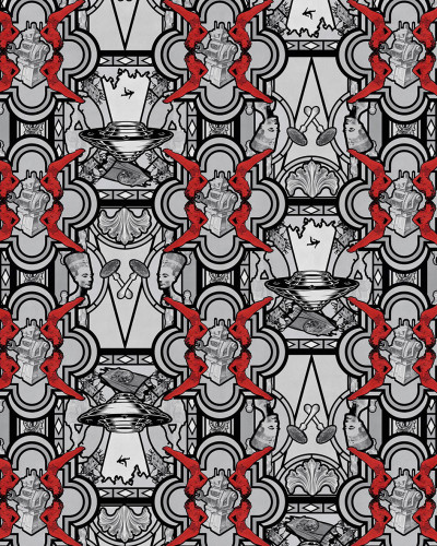 Tapet modern cu design geometric complex, incluzand personaje, roboti, nave spatiale si elemente decorative. Culorile principale sunt negru, gri si rosu.
