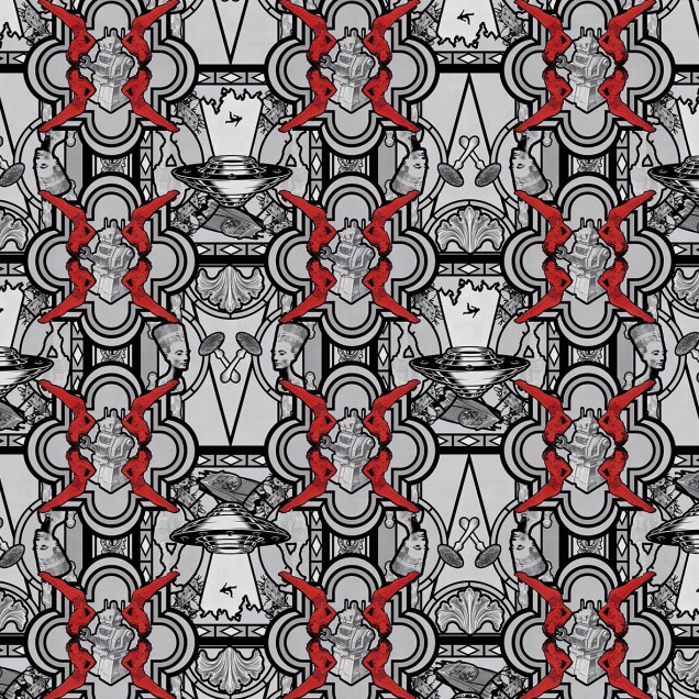 Tapet modern cu design geometric complex, incluzand personaje, roboti, nave spatiale si elemente decorative. Culorile principale sunt negru, gri si rosu.