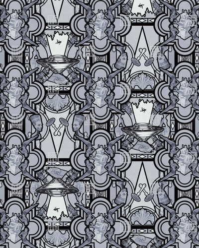 Tapet cu design geometric complex, în culori monocrome.