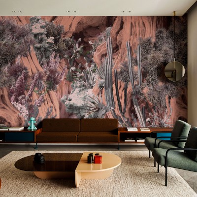 Wallpaper cu design modern, inspirat de deșert, cu nuanțe de roz și verde