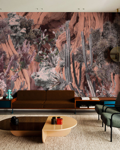 Wallpaper cu design modern, inspirat de deșert, cu nuanțe de roz și verde