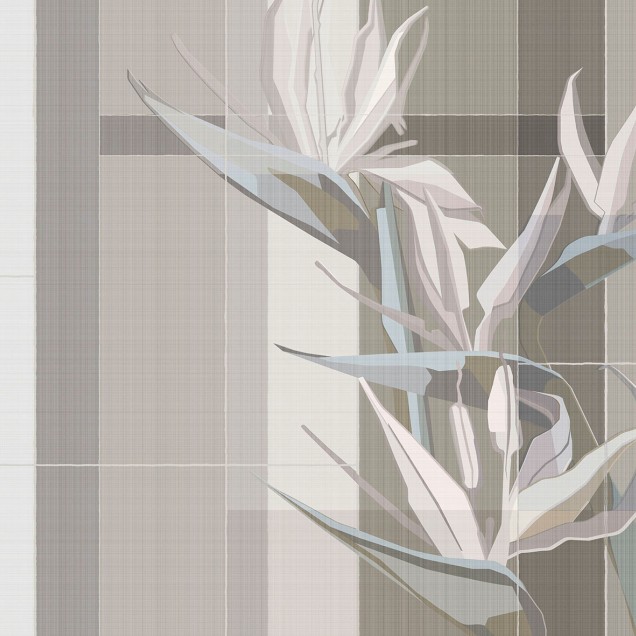 Wallpaper Strelitzia (A) cu design minimalist și elegant, cu flori de păsări paradisului în nuanțe delicate de gri și bej.