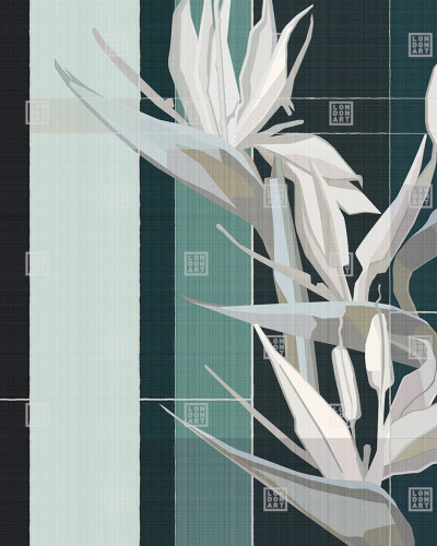 Decor de perete cu un design abstract, cu o imagine a plantei Strelitzia, cunoscută și ca „Pasărea Paradisului“.