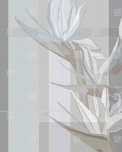 Tapet modern cu design geometric și flori de Strelitzia, în nuanțe de gri subtil.