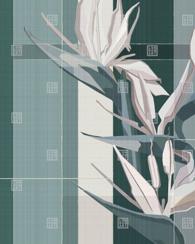 Tapet cu design floral minimalist in nuante de verde, alb si gri.