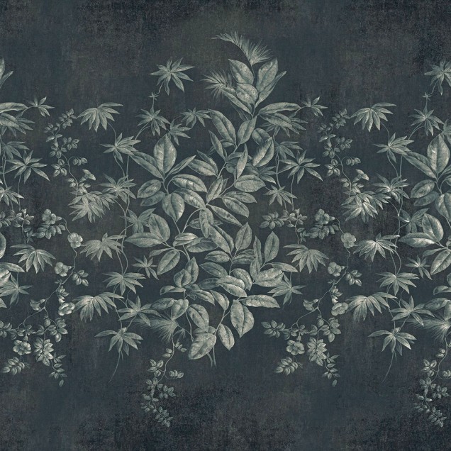 Wallpaper cu frunze verzi pe un fundal gri deschis, cu un design minimalist