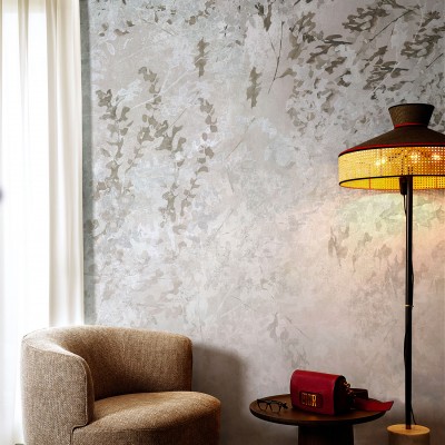 Tapet abstract bej, cu frunze delicate