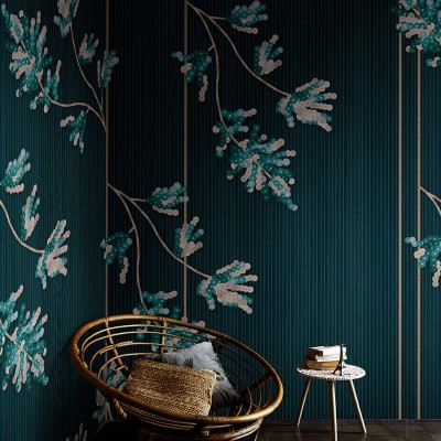 Tapet cu design modern, cu ramuri delicate și mici cercuri albastre și verzi, pe un fundal verde închis.