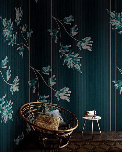 Tapet cu design modern, cu ramuri delicate și mici cercuri albastre și verzi, pe un fundal verde închis.