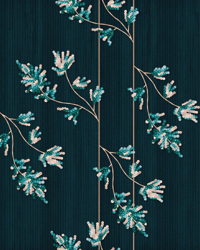 Tapet cu design modern, cu ramuri delicate și mici cercuri albastre și verzi, pe un fundal verde închis.