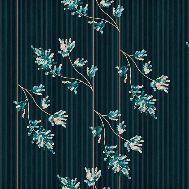Tapet cu design modern, cu ramuri delicate și mici cercuri albastre și verzi, pe un fundal verde închis.