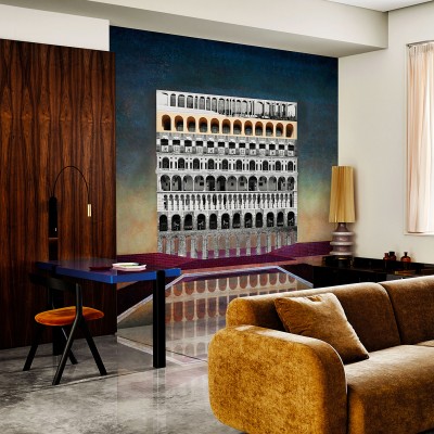 Tapet decorativ modern cu design geometric. Imaginea prezintă un tapet cu o construcție arhitecturală complexă, cu arcade și coloane.