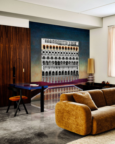 Tapet decorativ modern cu design geometric. Imaginea prezintă un tapet cu o construcție arhitecturală complexă, cu arcade și coloane.