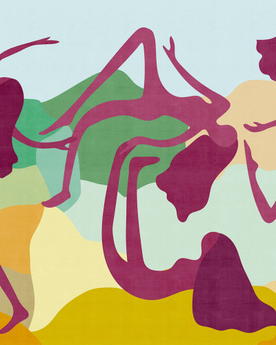 Tapet modern cu design abstract, siluete feminine dansând pe un fundal vibrant.