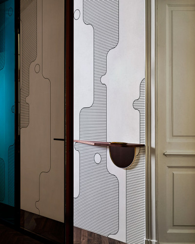 Wallpaper cu design modern, linii fine și forme abstracte.