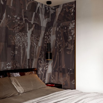 Imagine cu un wallpaper modern cu un design grafic cu nuanțe de maro, montat în dormitor, lângă un pat cu lenjerie de pat gri și o pătură albă.