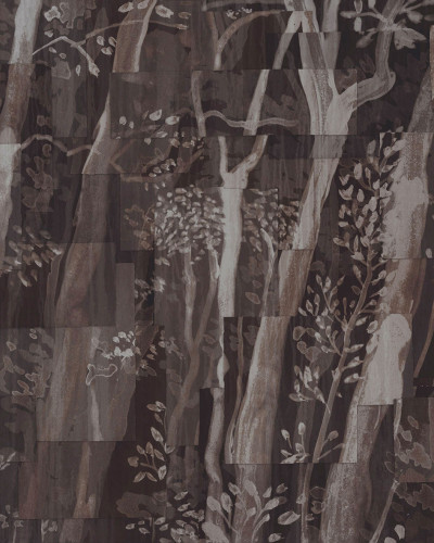 Imagine cu un wallpaper modern cu un design grafic cu nuanțe de maro, montat în dormitor, lângă un pat cu lenjerie de pat gri și o pătură albă.