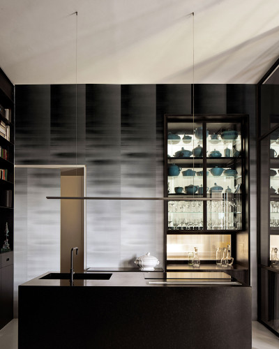 Wallpaper cu design abstract in nuante de gri si negru, perfect pentru a crea o atmosfera sofisticata in orice spatiu.