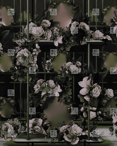 Tapet cu flori gri si verde, design minimalist, cu grilaj geometric