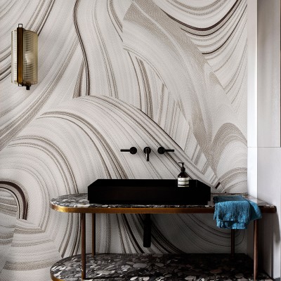 Wallpaper abstract modern cu linii ondulate si curbe in nuante de bej
