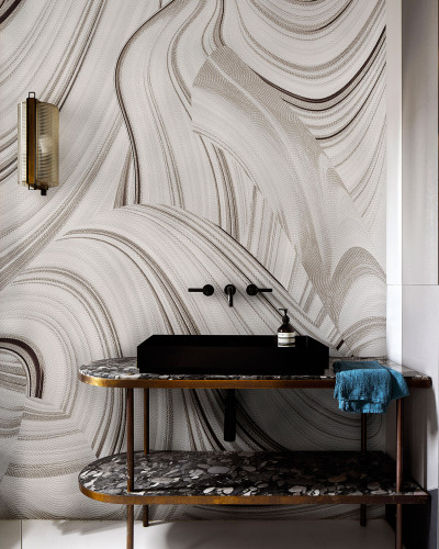 Wallpaper abstract modern cu linii ondulate si curbe in nuante de bej