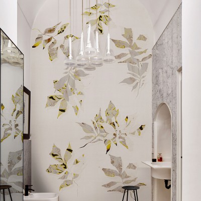 Wallpaper cu design modern, cu frunze in nuante de bej si galben