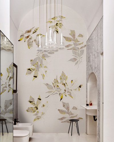Wallpaper cu design modern, cu frunze in nuante de bej si galben