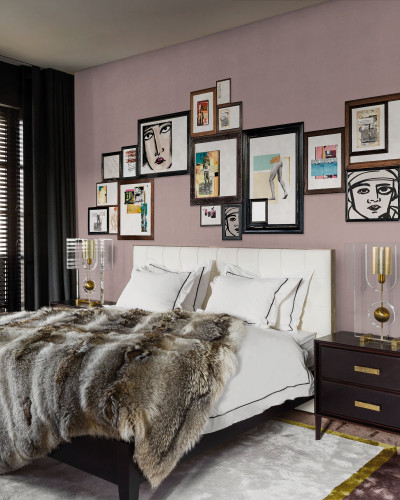 Tapet cu design modern, ce infatiseaza un perete decorat cu rame cu poze abstracte.