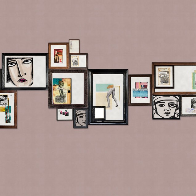 Tapet cu design modern, ce infatiseaza un perete decorat cu rame cu poze abstracte.