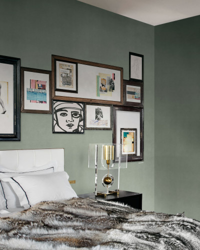 Tapet Ceresio 7 (verde deschis) cu design abstract și rame, perfect pentru dormitor, living sau hol