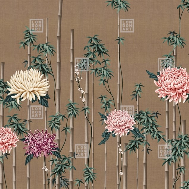 Tapet cu design exotic Kimono Tale Books / Fuki (caramel) cu bambus și flori delicate, în nuanțe calde de caramel