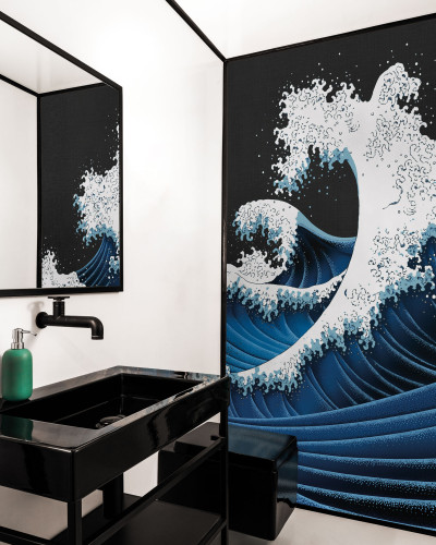 Tapet modern cu design artistic inspirat de arta japoneză, cu valuri albastre pe un fundal negru