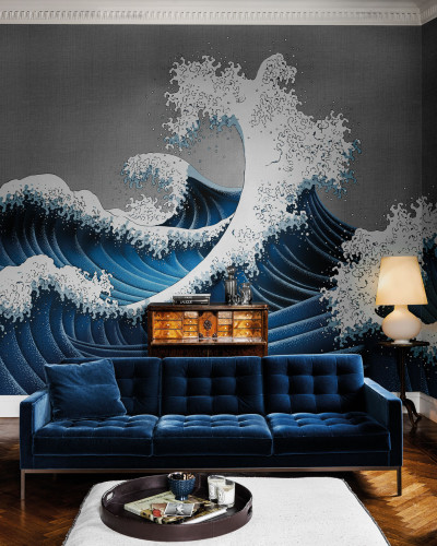 Tapet Kimono Tale Books / Furi (argintiu) cu design de valuri inspirat din picturile japoneze clasice.