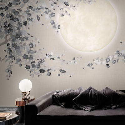 Tapet cu design minimalist cu o lună plină, flori delicate și o atmosferă zen.