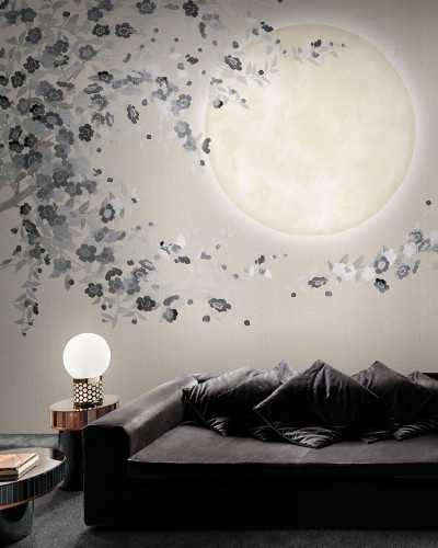 Tapet cu design minimalist cu o lună plină, flori delicate și o atmosferă zen.