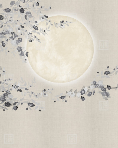 Tapet cu design minimalist cu o lună plină, flori delicate și o atmosferă zen.