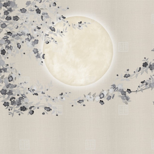 Tapet cu design minimalist cu o lună plină, flori delicate și o atmosferă zen.